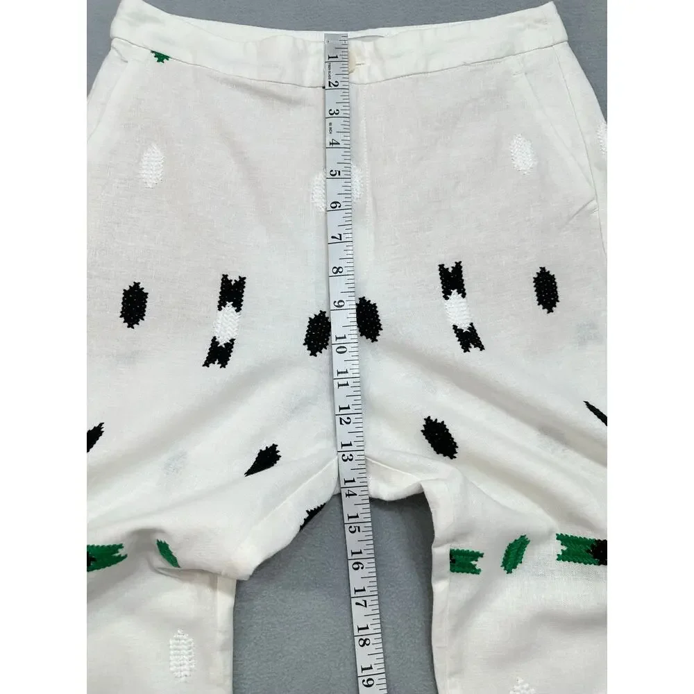 Zara Embroidered Linen Blend Geometric Pants White Green Black M